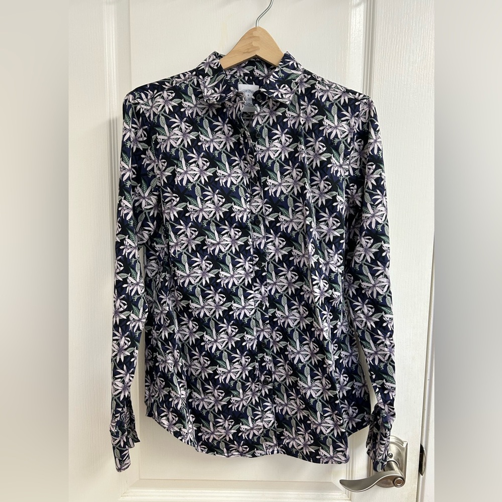 Brooks Brothers Women’s Fitted All Cotton Blouse, Navy Lilac Print, Size 6